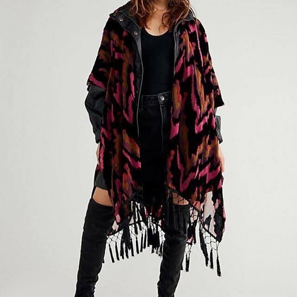 NEW Free People Velvet Burnout Dripping Kimono Fringe Layer Boho Wine Red